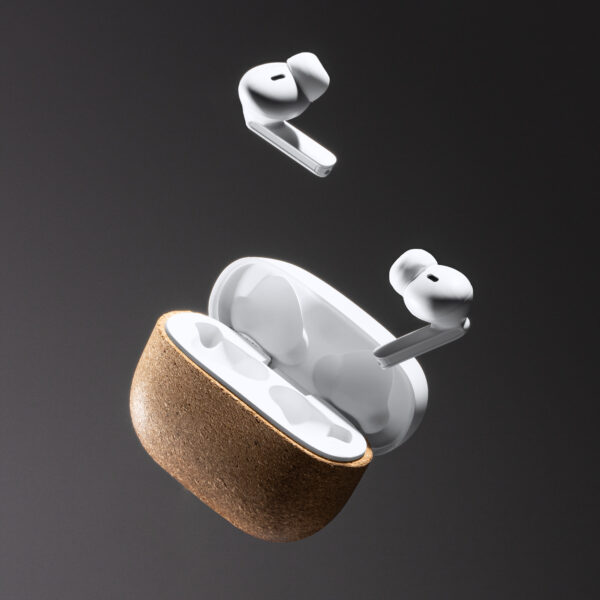 Auriculares inalámbricos con cuerpo elaborado en ABS reciclado y recubrimiento de corcho natural